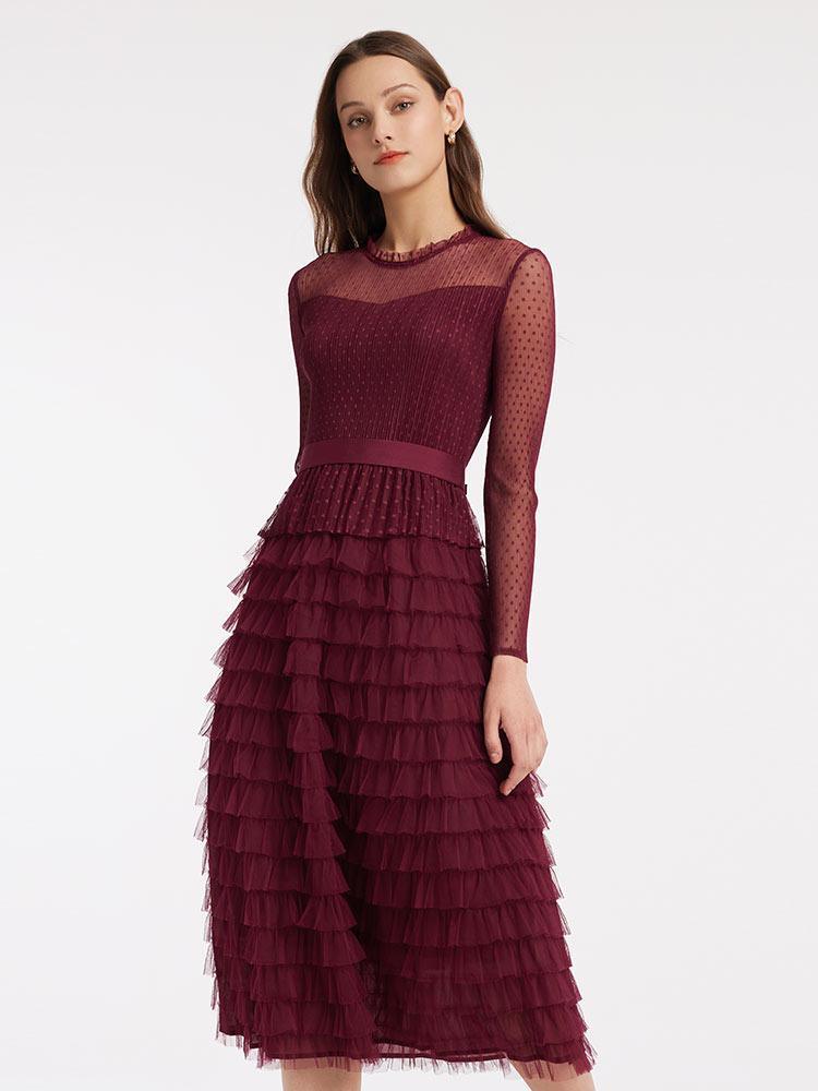 Pleated Tiered Sheer Sleeve Cake Midi Dress GOELIA