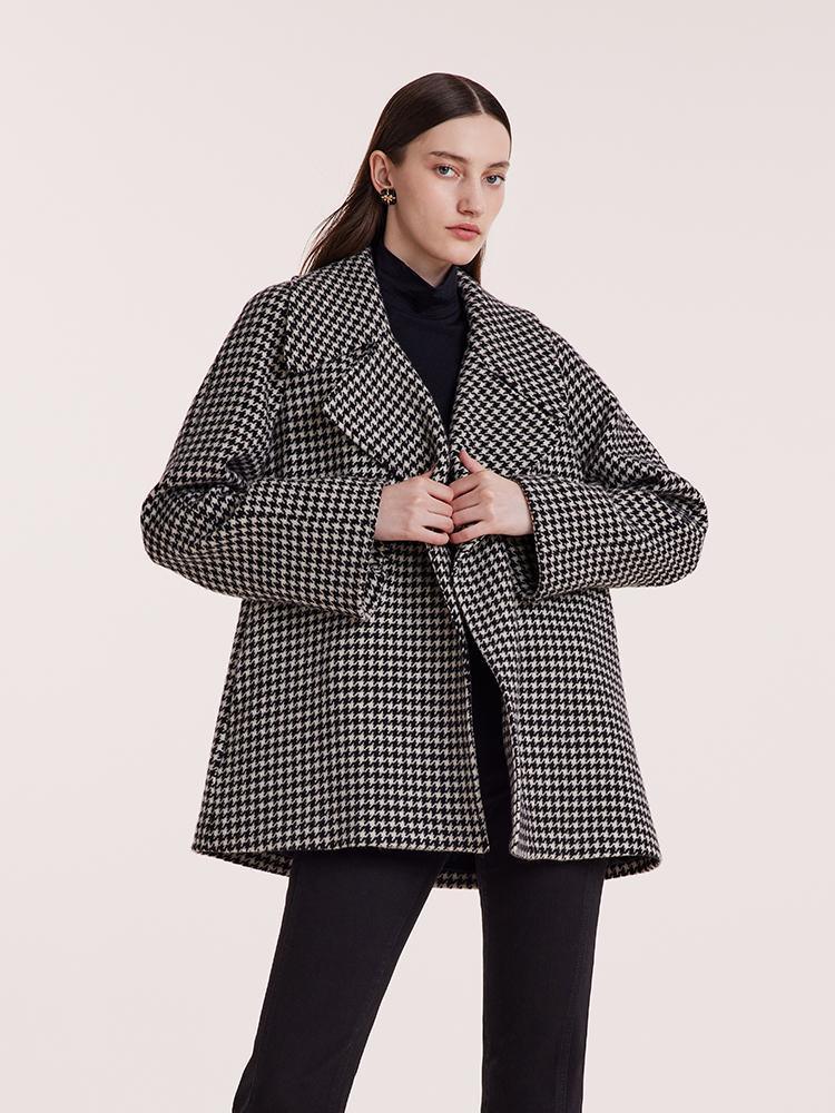 Washable Wool Houndstooth Coat With Belt GOELIA