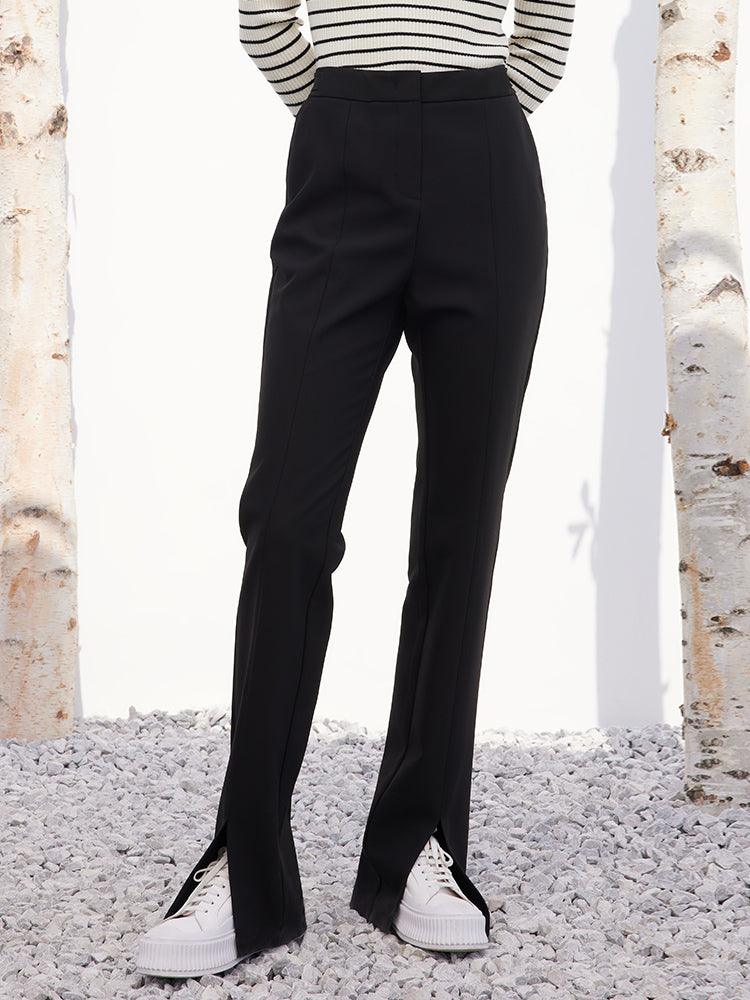 Black Full-Length Slim Pants With Slit GOELIA