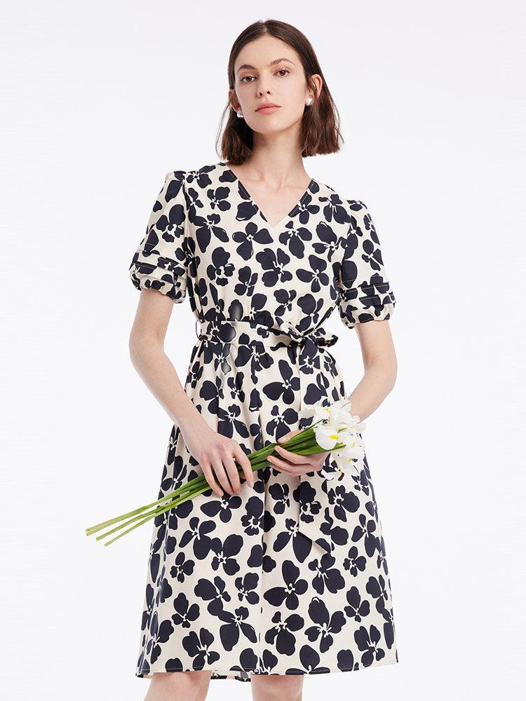 Black Floral V-Neck Dress GOELIA