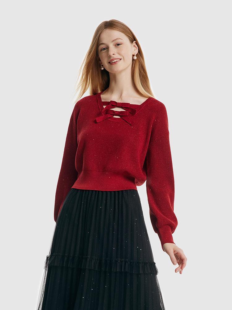 Tencel And Wool Puff Sleeve Bowknot Sweater GOELIA