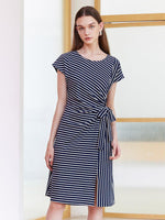 Navy Blue Stripe Wrap Dress GOELIA