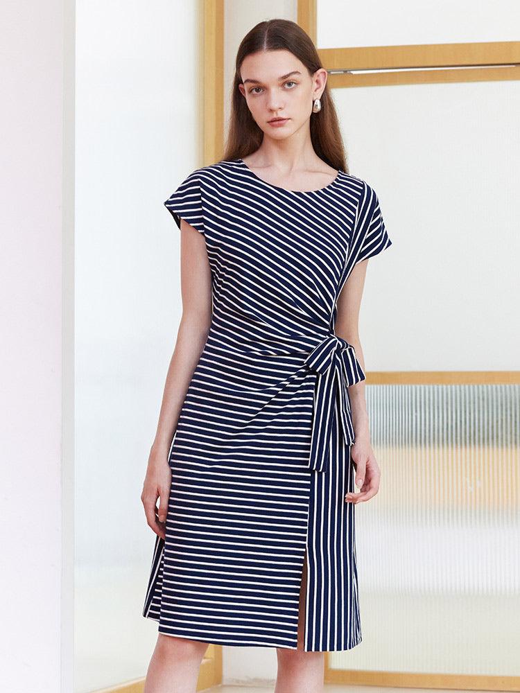 Navy Blue Stripe Wrap Dress GOELIA