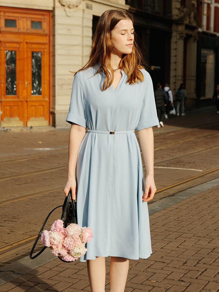 Blue V-neck Lapel Dress With Belt GOELIA