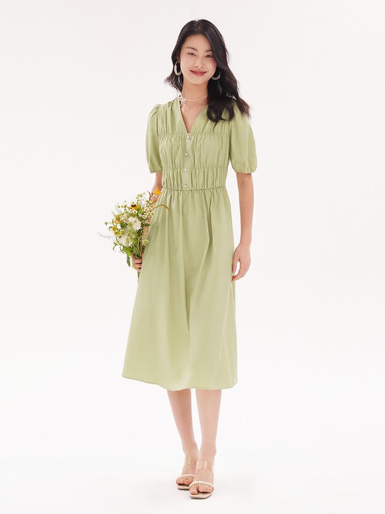 V-Neck Cotton Gathered Waist Dress GOELIA