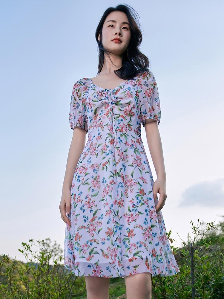 Floral Printed Square Neck Dress GOELIA