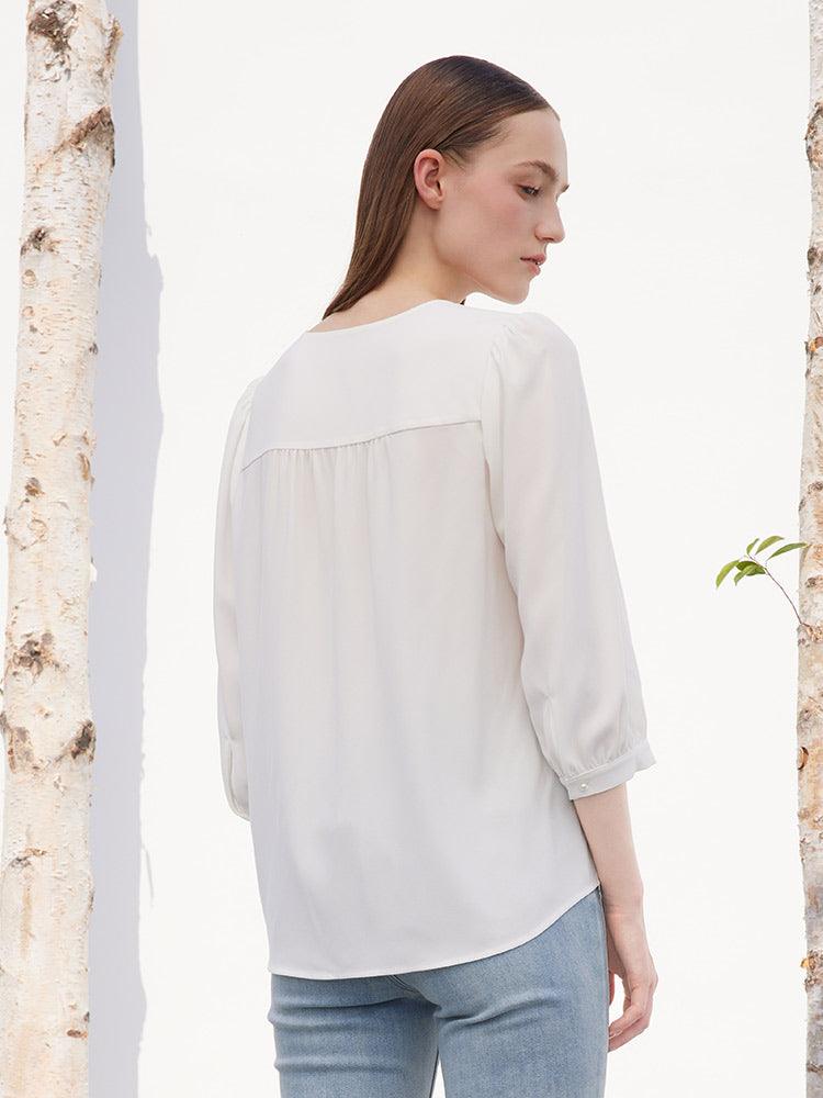 White Acetate V-neck pearl Button Blouse GOELIA