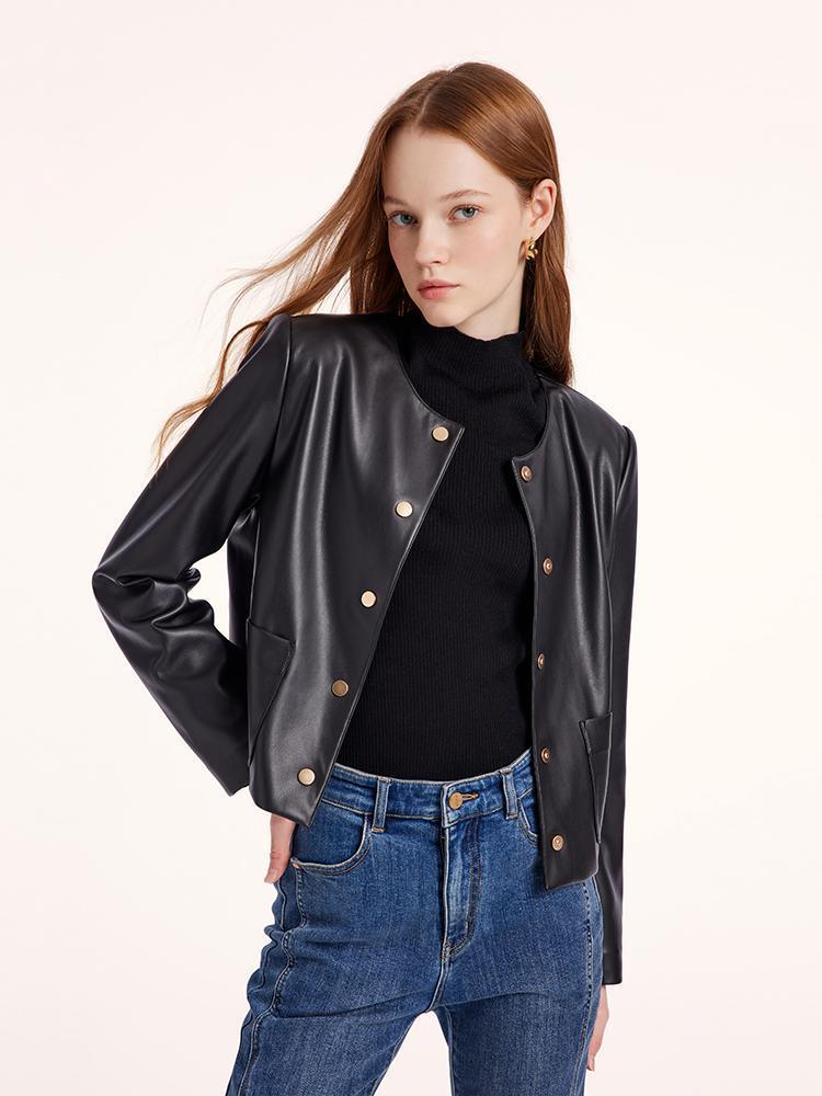 Round Neck Synthetic Leather Jacket GOELIA