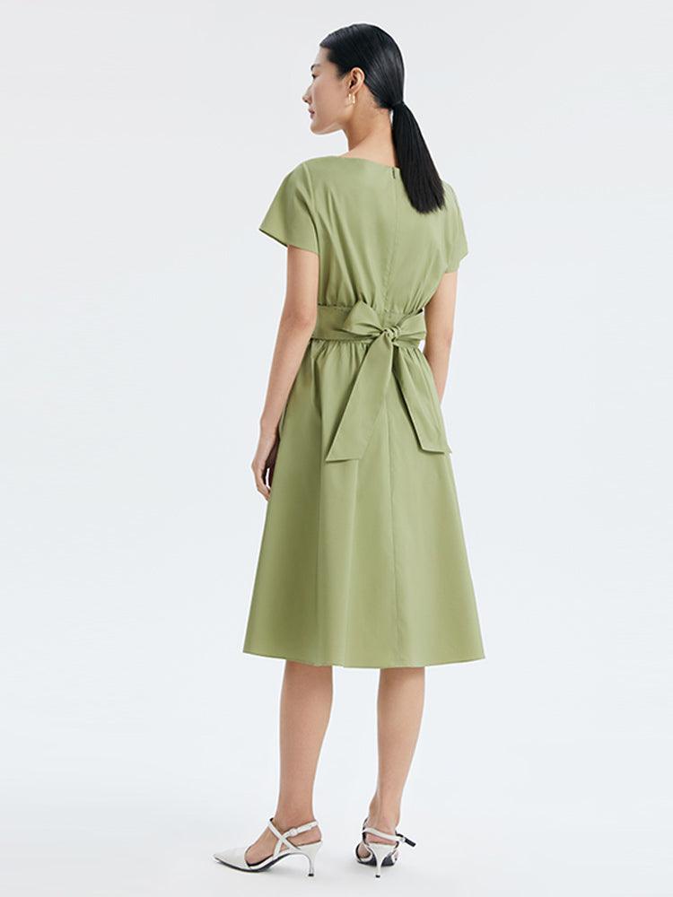 One Word Collar Gathered Waist Cotton Dress GOELIA