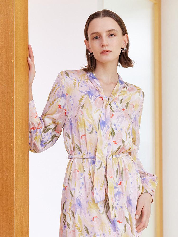 Mulberry Silk Floral Pink Dress GOELIA