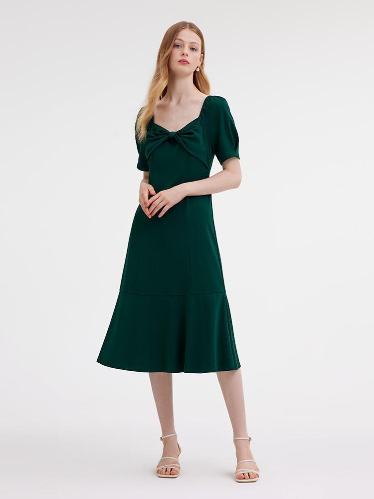 Dark Green Dress With Bow GOELIA