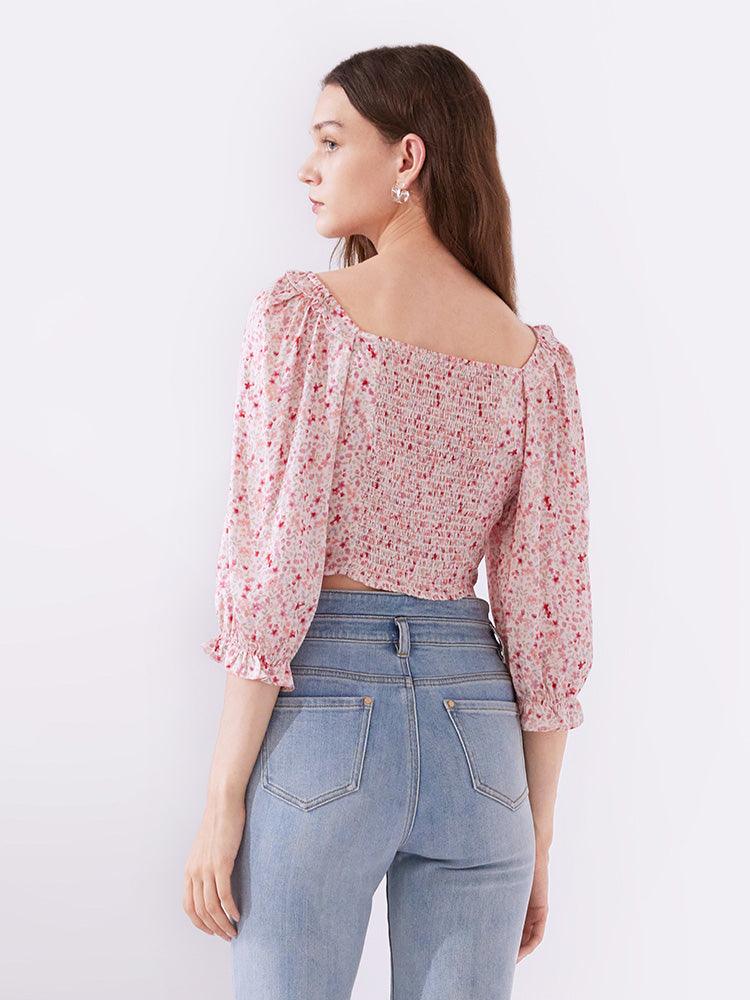 Pink Floral Puff Sleeve Top GOELIA