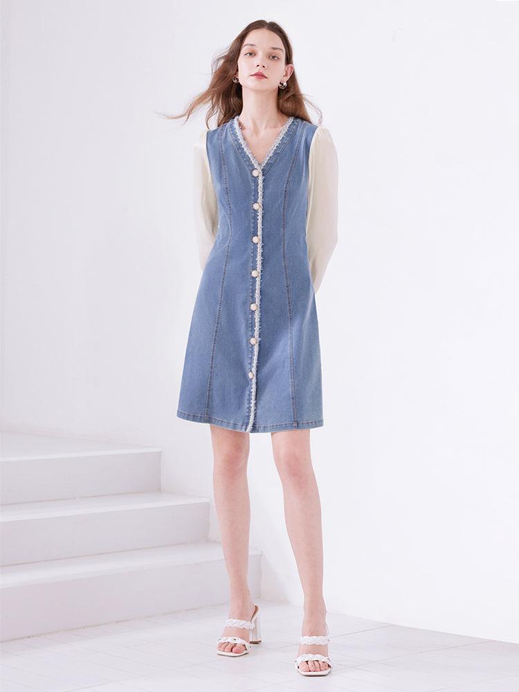 White&Blue Double-Breasted Long-Sleeve Tweed Jeans Dress GOELIA