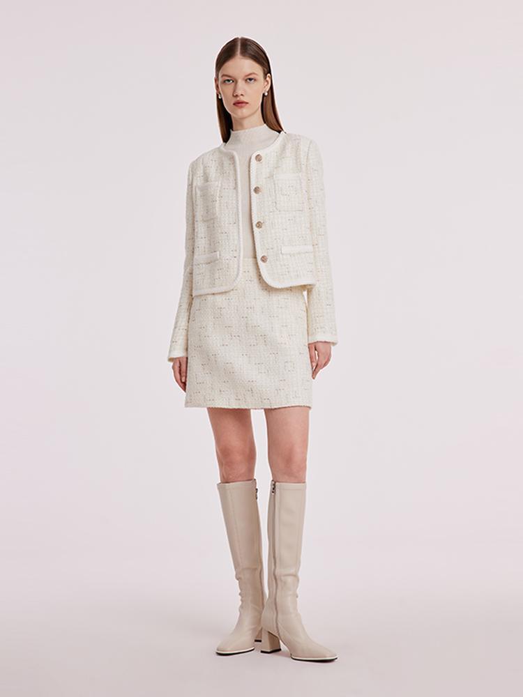 White Knitted Tweed Crop Jacket GOELIA