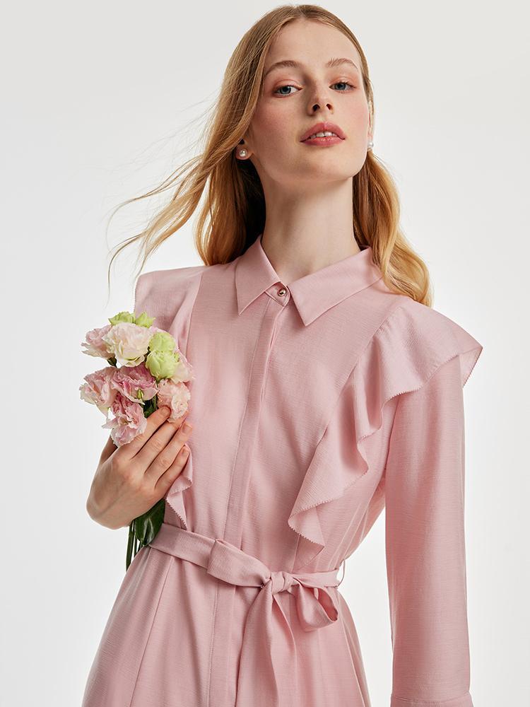 Ruffled Hem Acetate Dress With Belt GOELIA