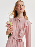 Ruffled Hem Acetate Dress With Belt GOELIA