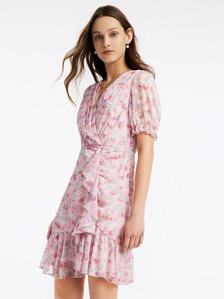 Pink Floral Short Sleeve Dress GOELIA