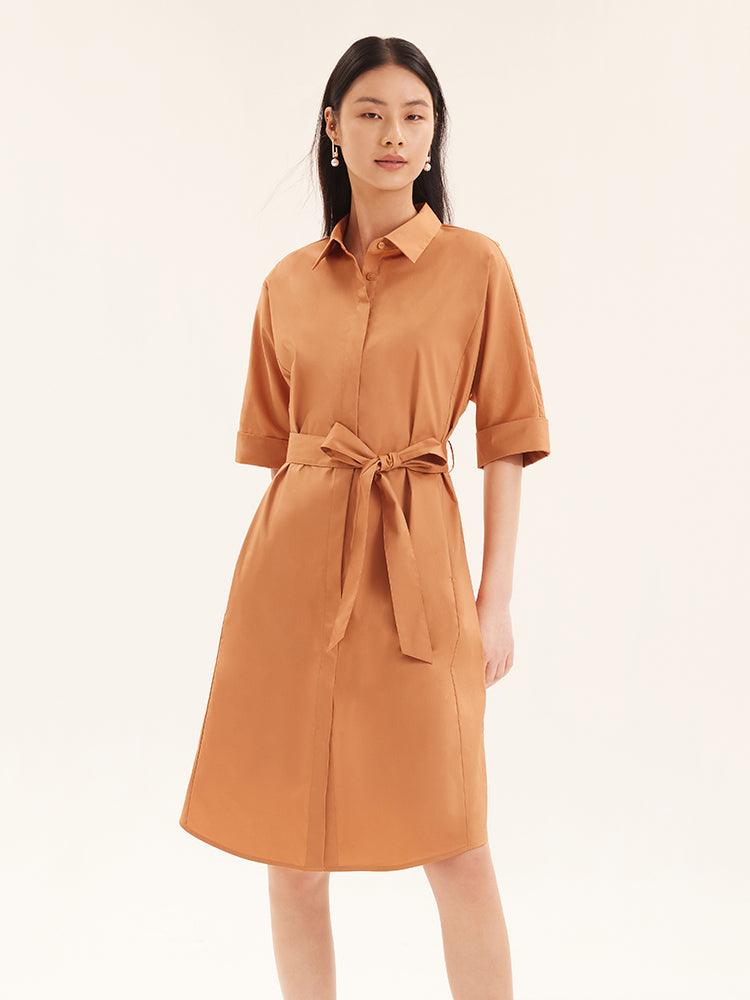 Shirt-Style Cotton Gathered Waist Dress GOELIA