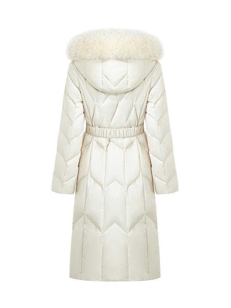 White Gathered Waist Long Goose Down Garment With Faux-Fur Collar GOELIA