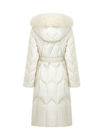 White Gathered Waist Long Goose Down Garment With Faux-Fur Collar GOELIA