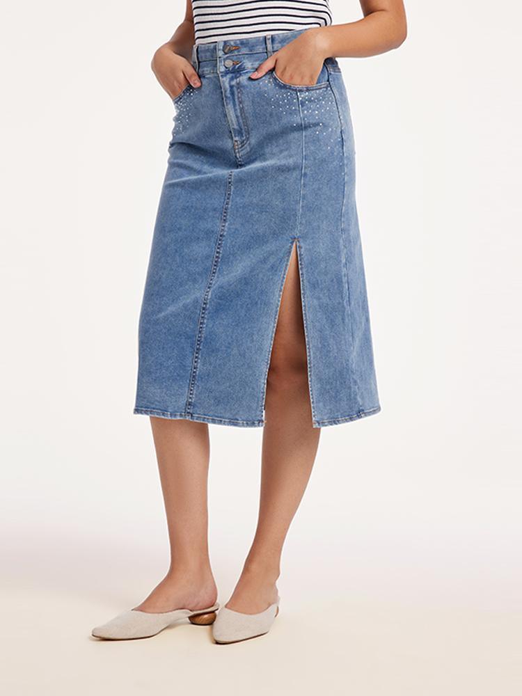 Blue High Waist Slit Denim Skirt GOELIA