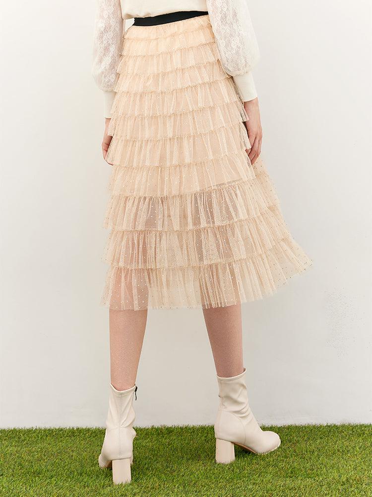 Beige Mesh Layered Skirt GOELIA