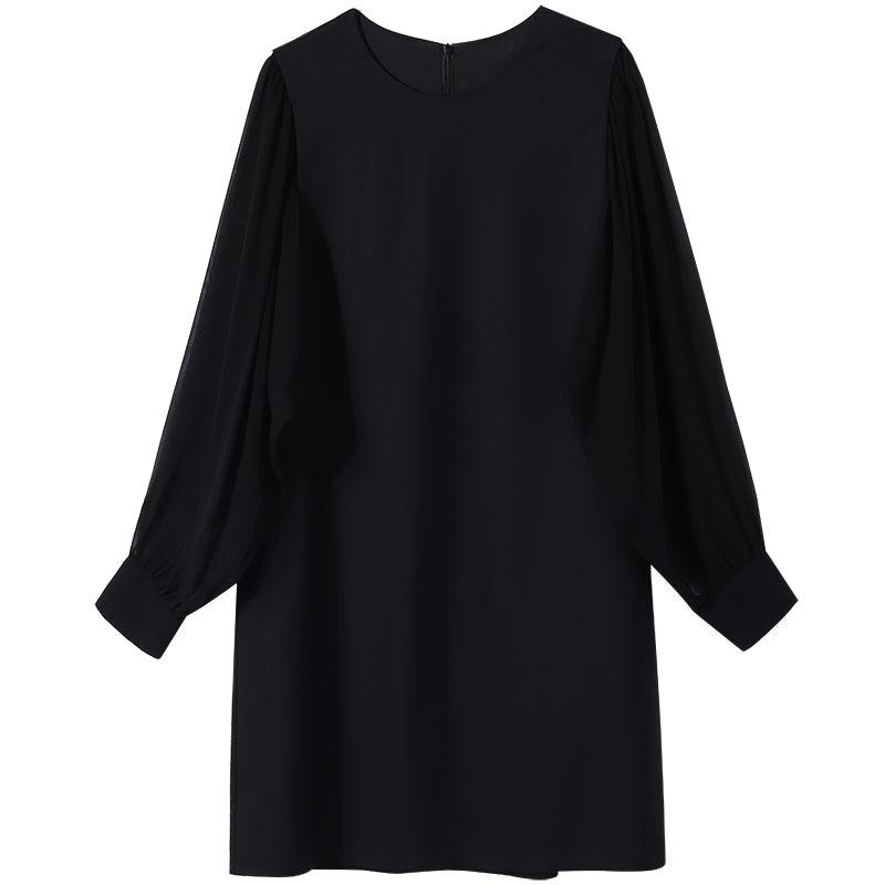 Black See-Through Sleeve Worsted Wool Dress GOELIA