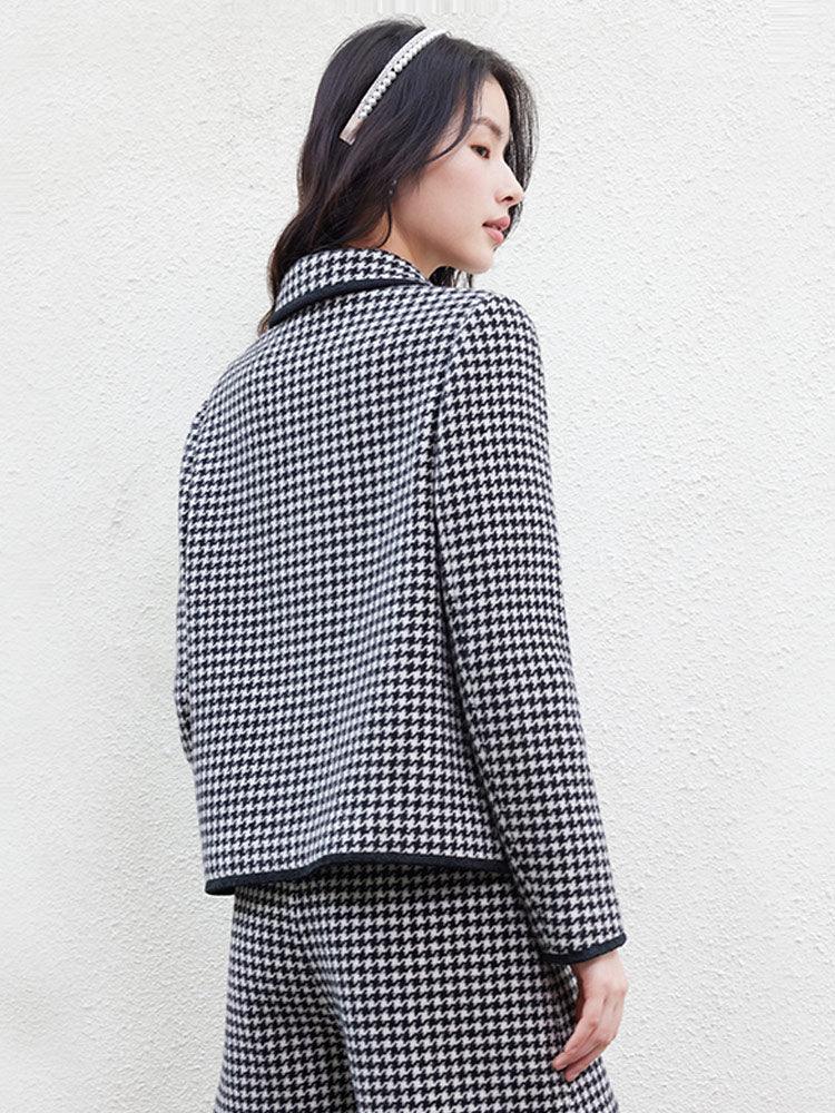 Black&white Woolen Houndstooth Crop Coat GOELIA