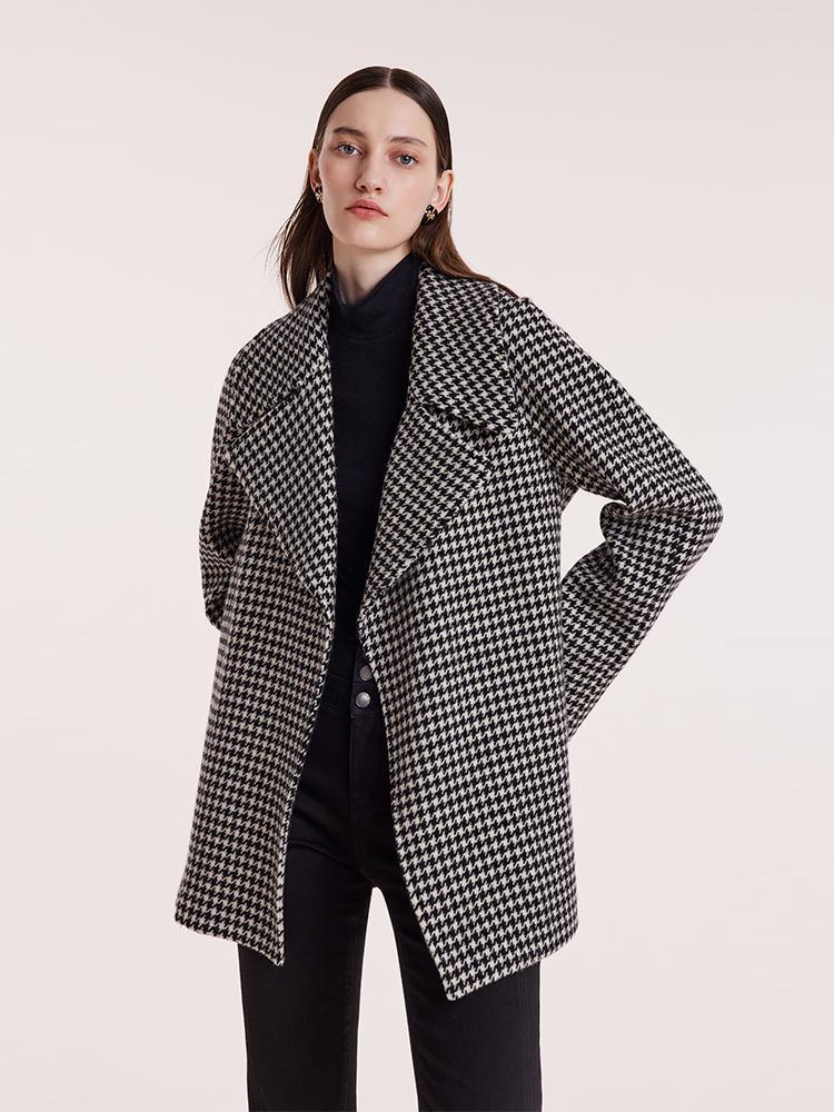 Washable Wool Houndstooth Coat With Belt