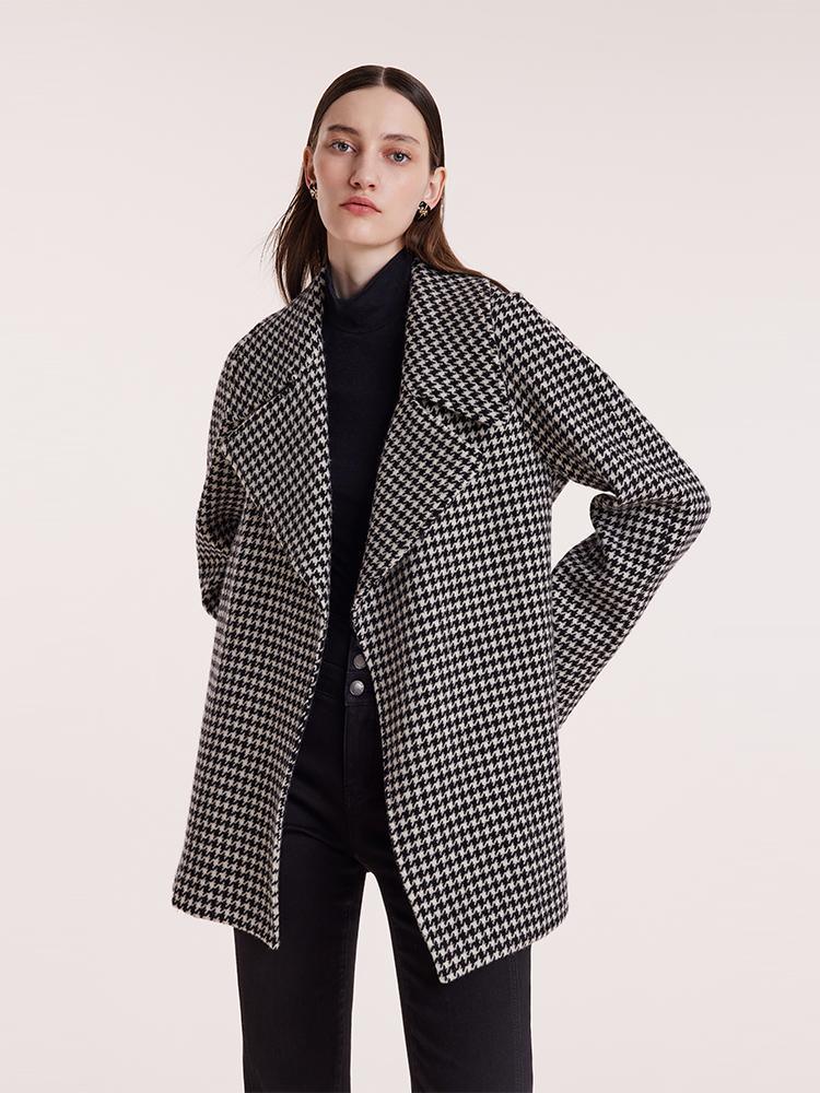 Washable Wool Houndstooth Coat With Belt GOELIA