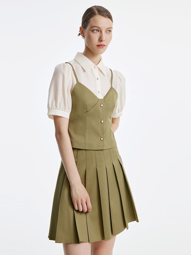 Tencel Suit (Fake Two-Piece Top + Pleated Half Skirt) GOELIA