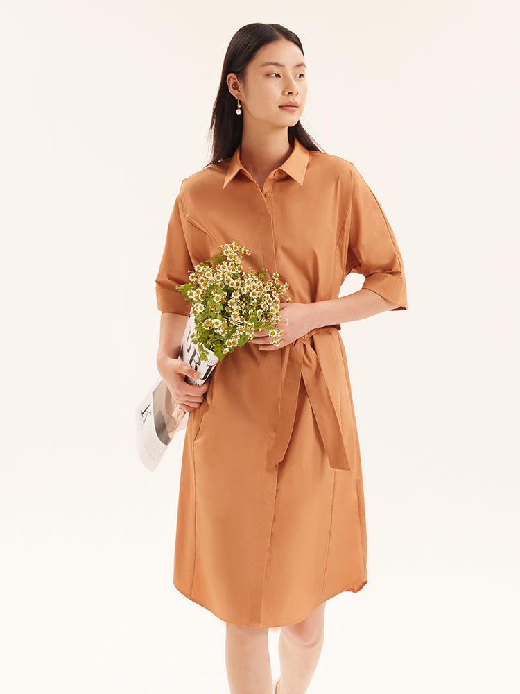 Shirt-Style Cotton Gathered Waist Dress GOELIA