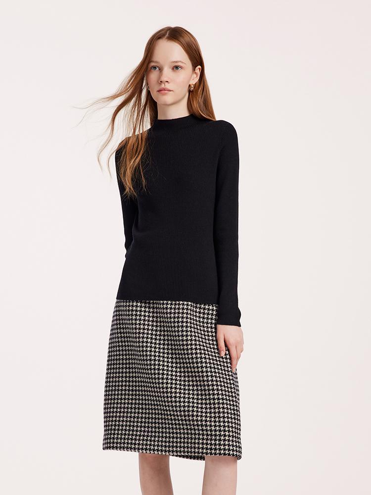 Washable Wool Houndstooth Jacket And Sweater And Skirt Suit GOELIA