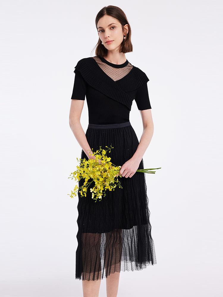 Ensemble haut tricoté en laine et jupe en tulle 