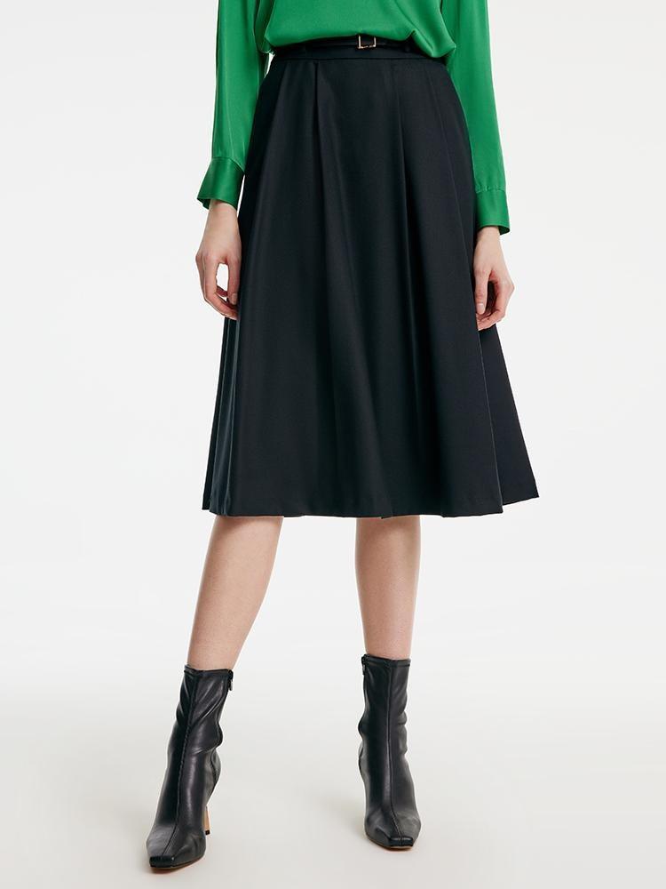 Worsted Wool A-shaped Half Skirt With Leather Belt GOELIA