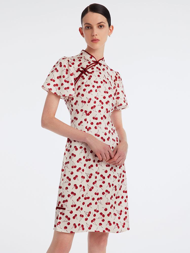 Mandarin Collar Cherry Print Cheongsam Midi Dress GOELIA