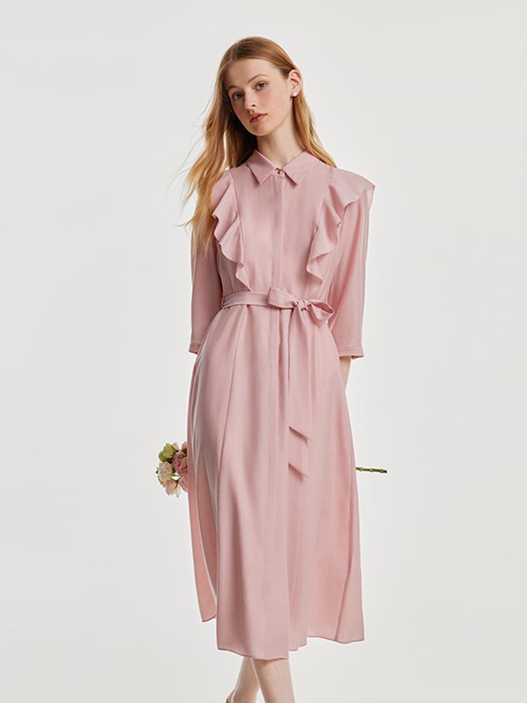 Ruffled Hem Acetate Dress With Belt GOELIA