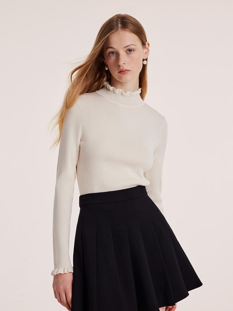 Machine Washable Wool Ruffle Turtleneck Sweater GOELIA