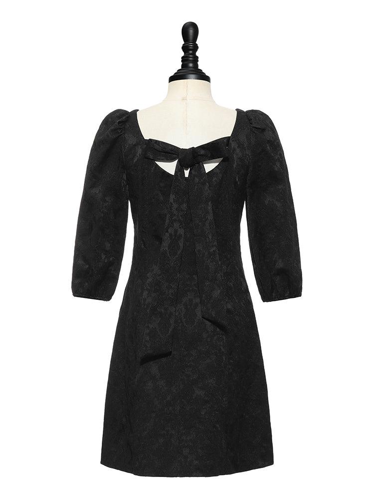 Black Jacquard V-neck Bow Dress GOELIA