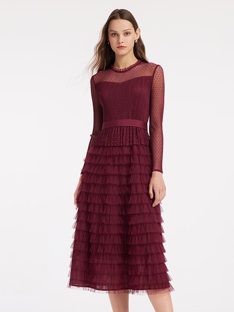 Pleated Tiered Sheer Sleeve Cake Midi Dress GOELIA