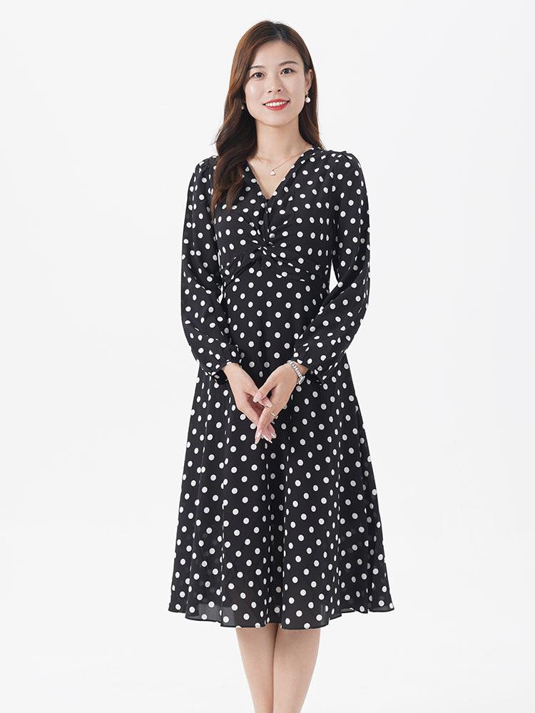 V-Neck Silk Polka Dot Dress GOELIA