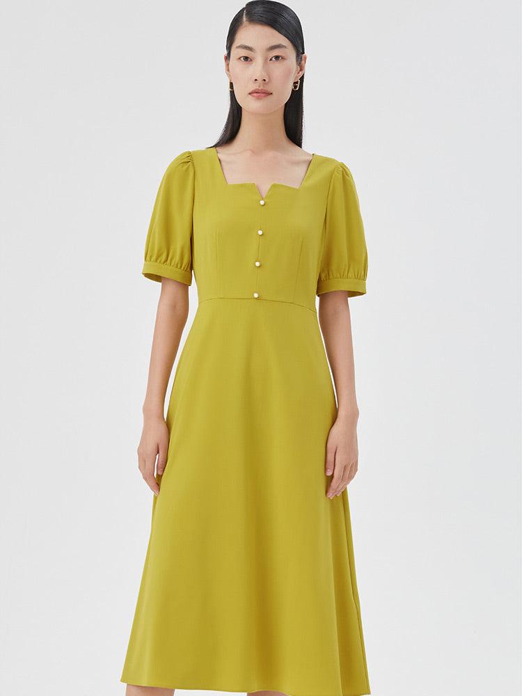 Lime yellow Square Neck Puff Sleeve Dress GOELIA