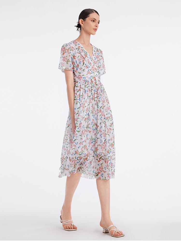 Floral Printed V-Neck Mid-Calf Dress GOELIA