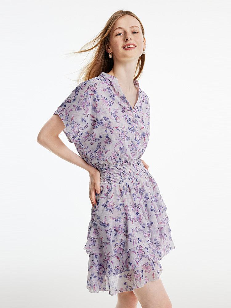 Purple Floral Gathered Waist Dress GOELIA