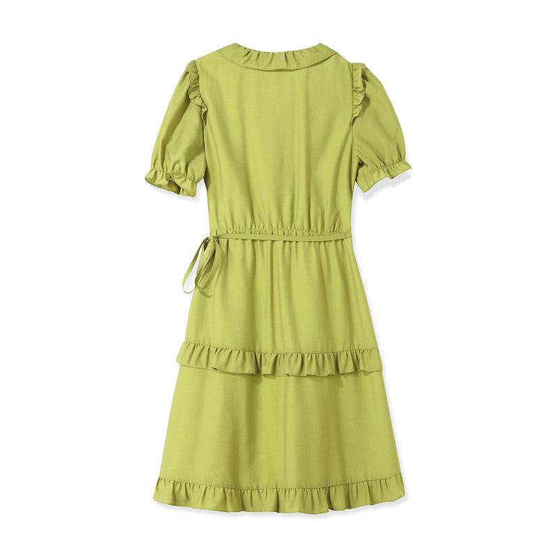 One-piece Ruffle Green V-Neck Dress GOELIA