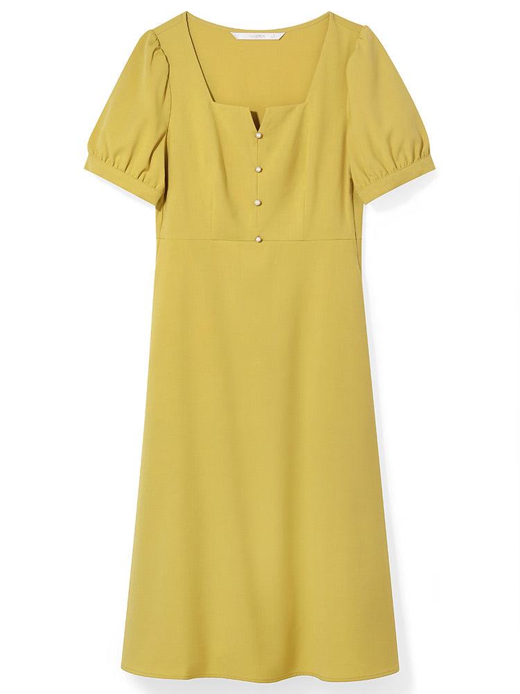 Lime yellow Square Neck Puff Sleeve Dress GOELIA