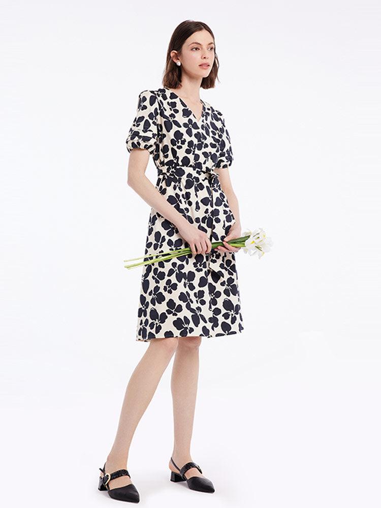 Black Floral V-Neck Dress GOELIA