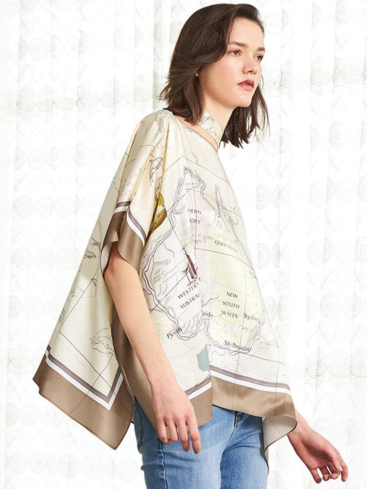 Slash Neck Map Print Silk Top GOELIA