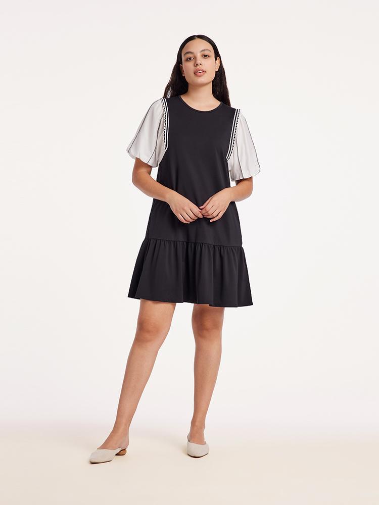 A-Shape Patchwork Puff Sleeve Mini Dress GOELIA