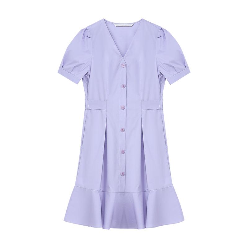 Purple Puff Sleeve Waist-Skimming Dress GOELIA